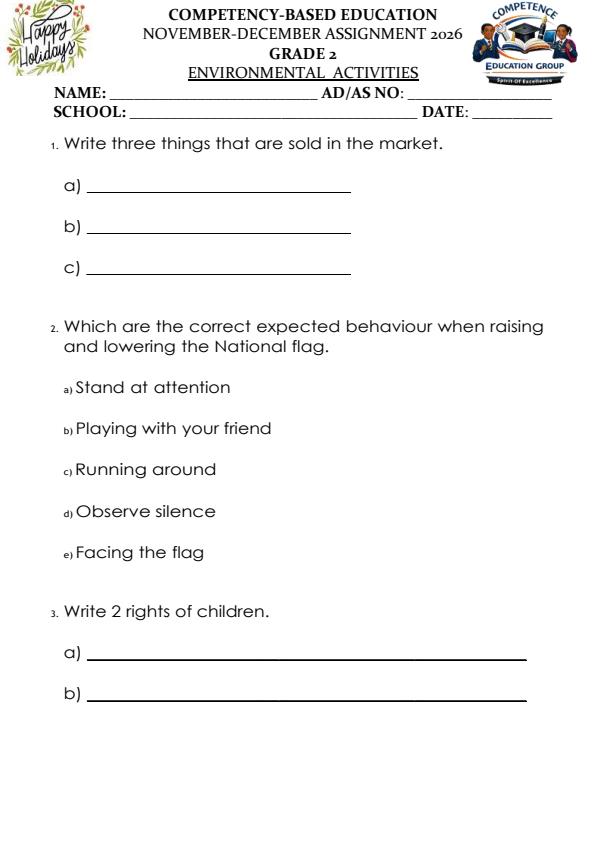Page 1 – Grade 2 Environmental Activities December 2026 Holiday Assignment – Kenyaplex