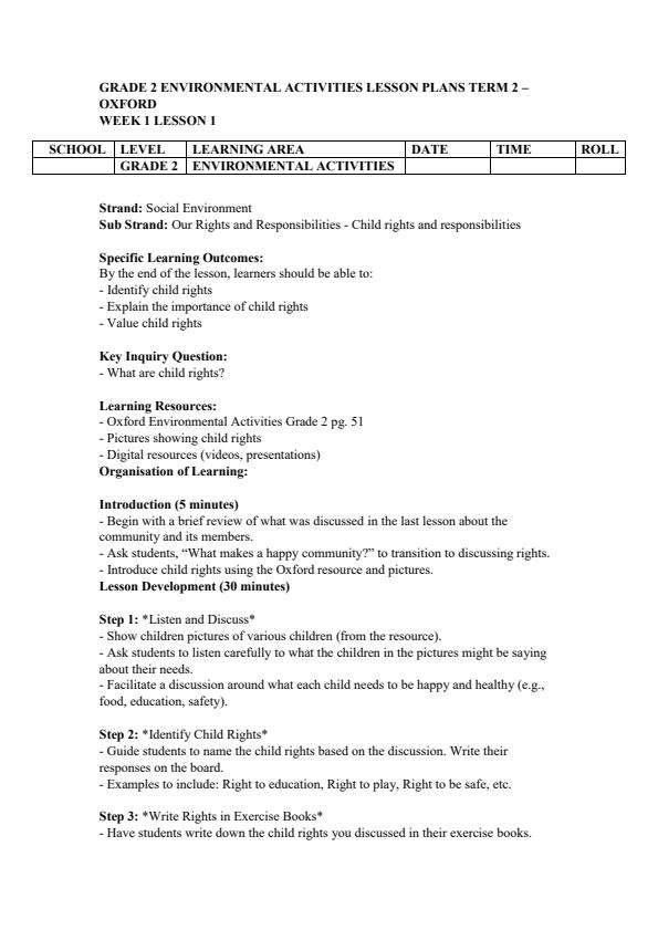 Page 1 – Grade 2 Environmental Activities Lesson Plans Term 2 - Oxford – Kenyaplex