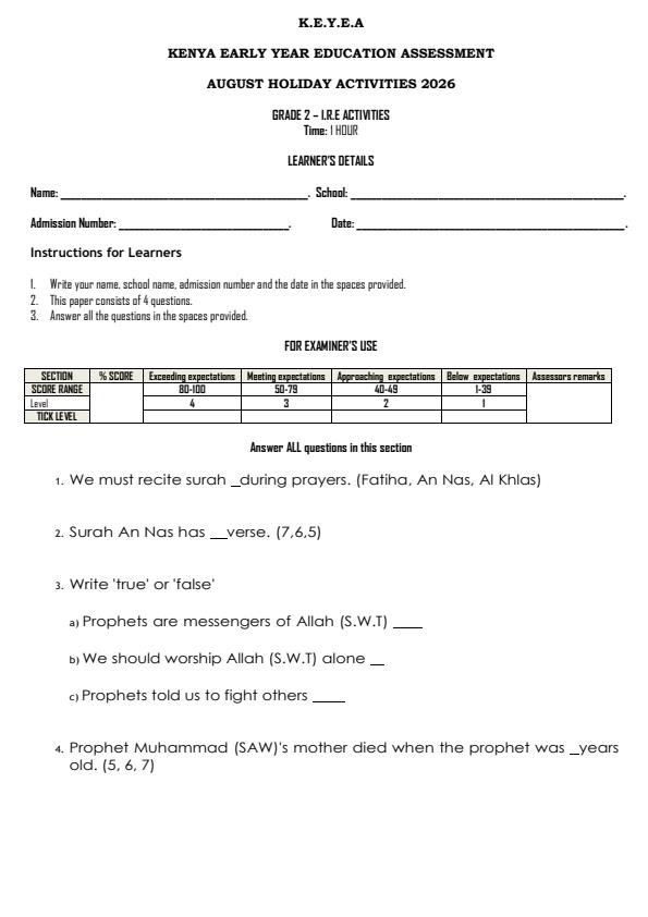 Page 1 – Grade 2 Islamic Religious Education Activities August 2026 Holiday Assignment – Kenyaplex
