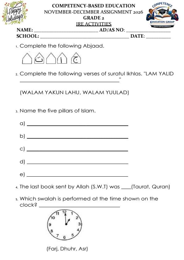Page 1 – Grade 2 Islamic Religious Education December 202 Holiday Assignment – Kenyaplex