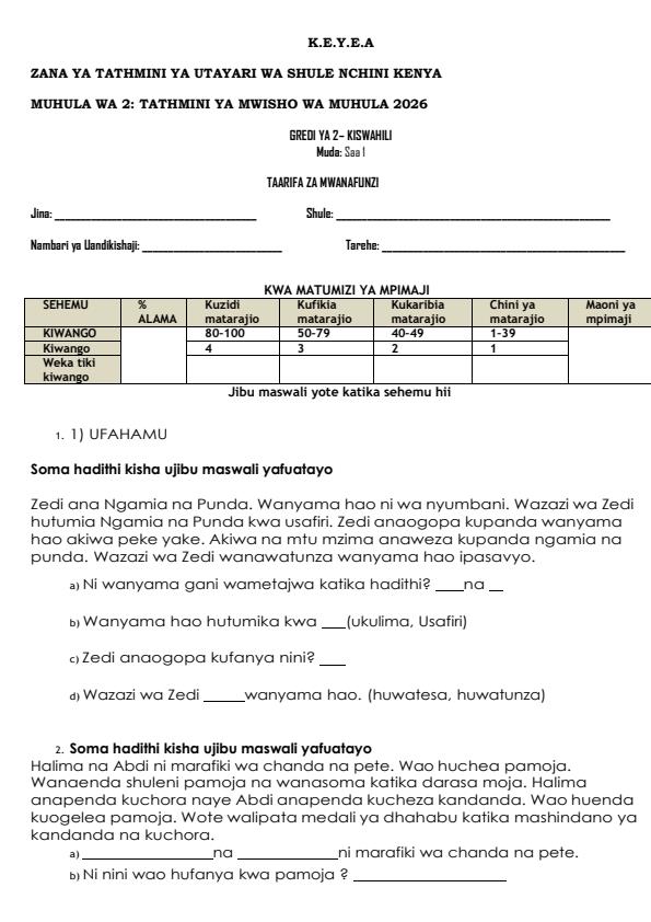 Page 1 – Grade 2 Kiswahili August 2026 Holiday Assignment – Kenyaplex