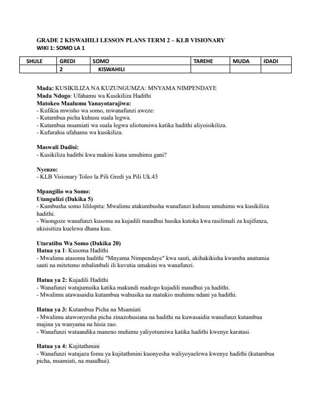 Page 1 – Grade 2 Kiswahili Lesson Plans Term 2 - KLB Visionary – Kenyaplex