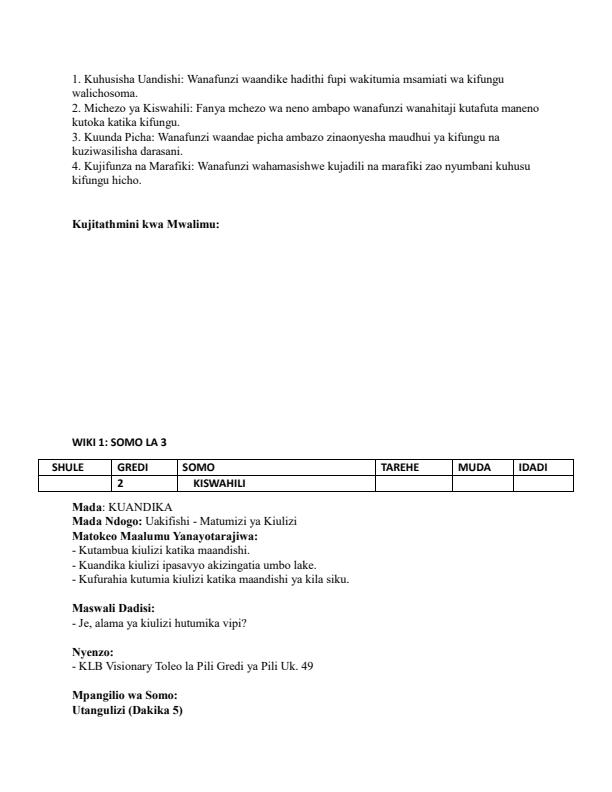 Page 4 – Grade 2 Kiswahili Lesson Plans Term 2 - KLB Visionary – Kenyaplex