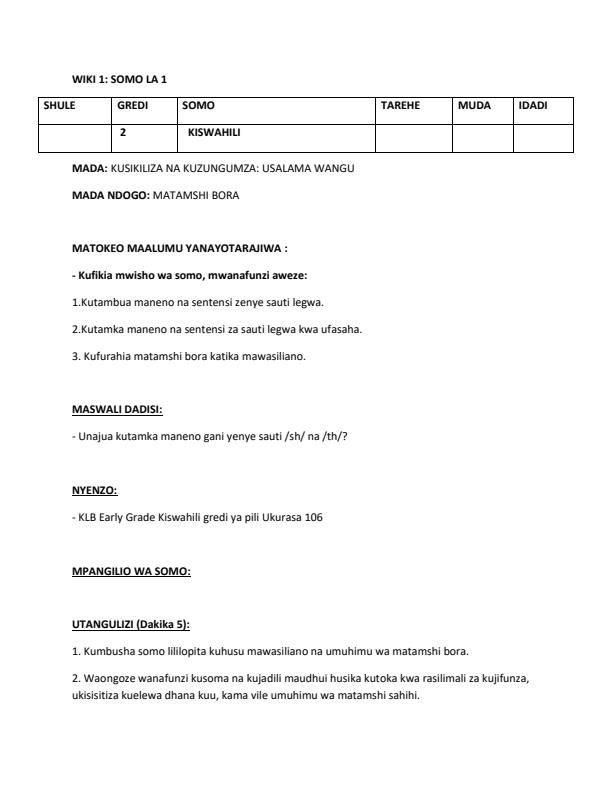 Page 1 – Grade 2 Kiswahili Lesson Plans Term 3 -  KLB Early Grade – Kenyaplex