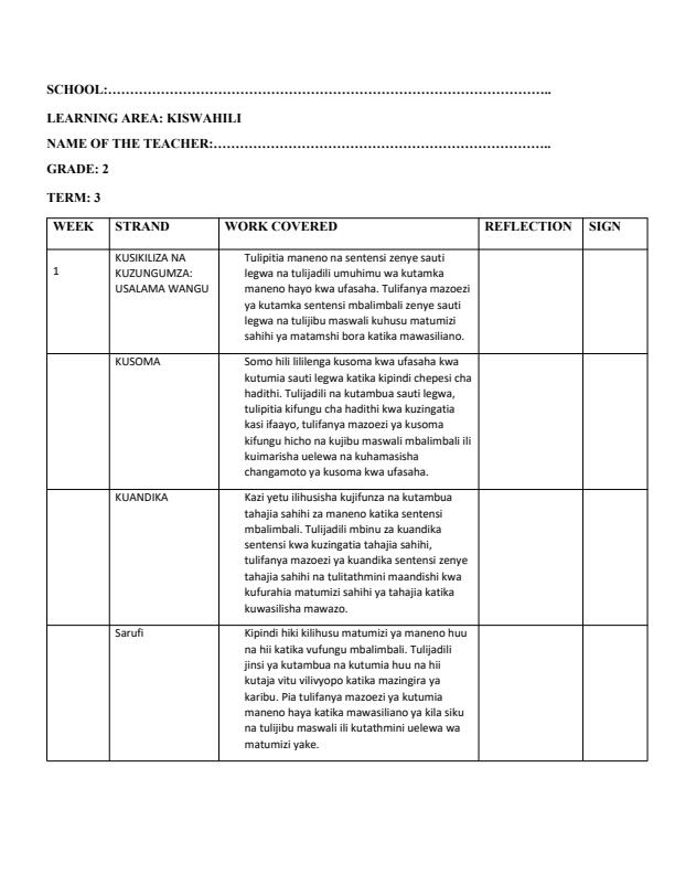 Page 1 – Grade 2 Kiswahili Records of Work Term 3 - KLB Early Grade – Kenyaplex