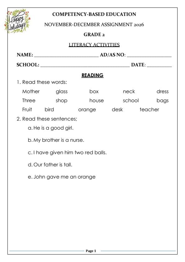 Page 1 – Grade 2 Literacy December 2026 Holiday Assignment  – Kenyaplex