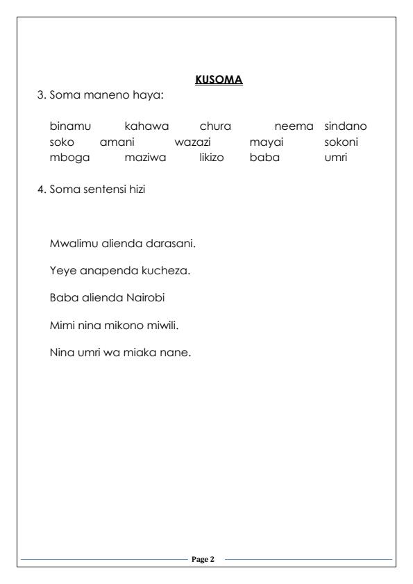 Page 2 – Grade 2 Literacy December 2026 Holiday Assignment  – Kenyaplex