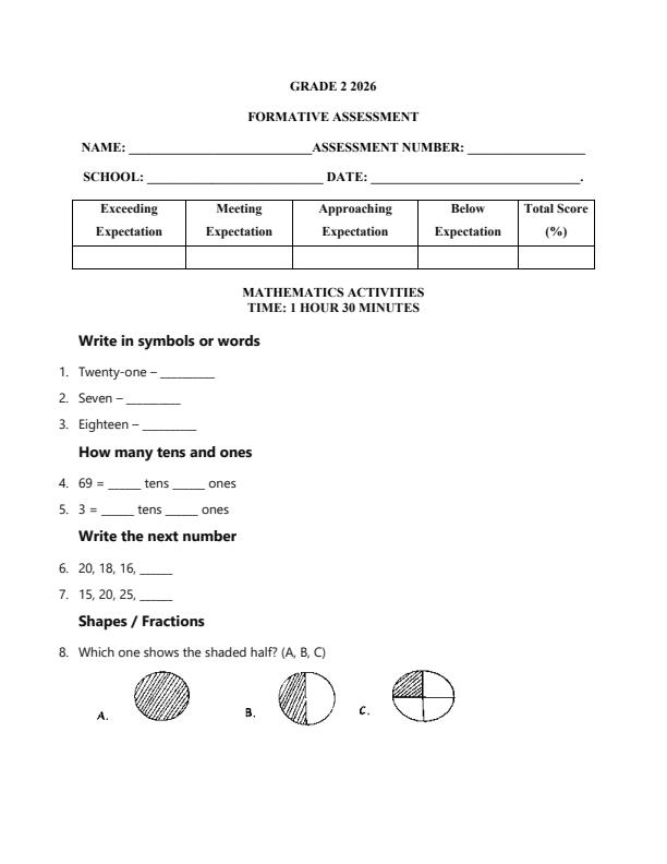 Page 1 – Grade 2 Mathematics Activities April 2026 Holiday Assignment – Kenyaplex