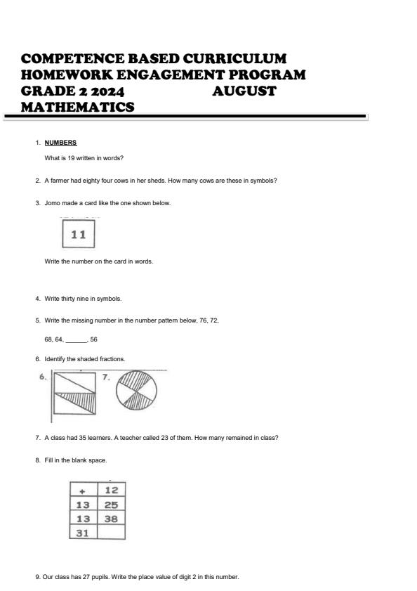 Page 1 – Grade 2 Mathematics Activities August 2024 Holiday Assignment – Kenyaplex