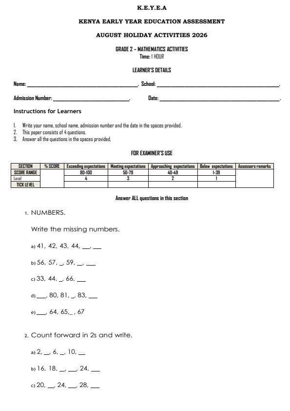 Page 1 – Grade 2 Mathematics Activities August 2026 Holiday assignment – Kenyaplex