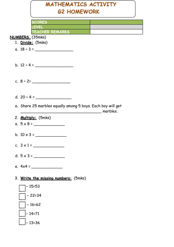 Page 1 – Grade 2 Mathematics Activities December 2024 Holiday Assignment – Kenyaplex