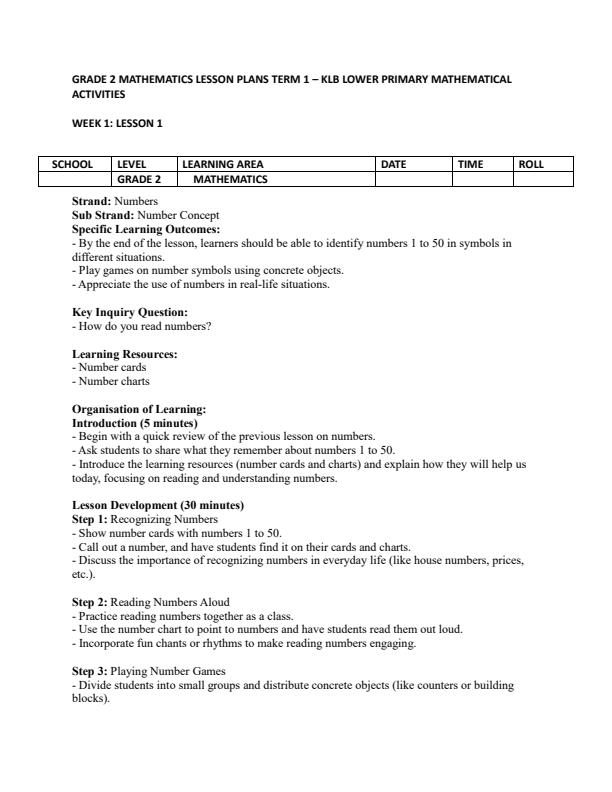 Page 1 – Grade 2 Mathematics Lesson Plans Term 1 - KLB Lower Primary Mathematical Activities – Kenyaplex