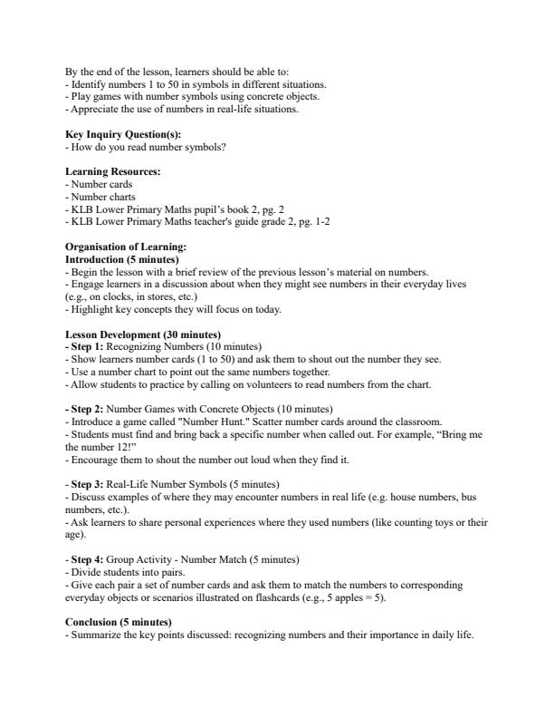 Page 3 – Grade 2 Mathematics Lesson Plans Term 1 - KLB Lower Primary Mathematical Activities – Kenyaplex