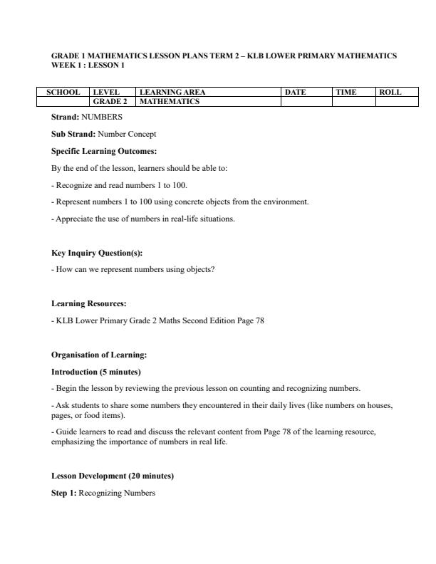 Page 1 – Grade 2 Mathematics Lesson Plans Term 2 - KLB Lower Primary Mathematics – Kenyaplex