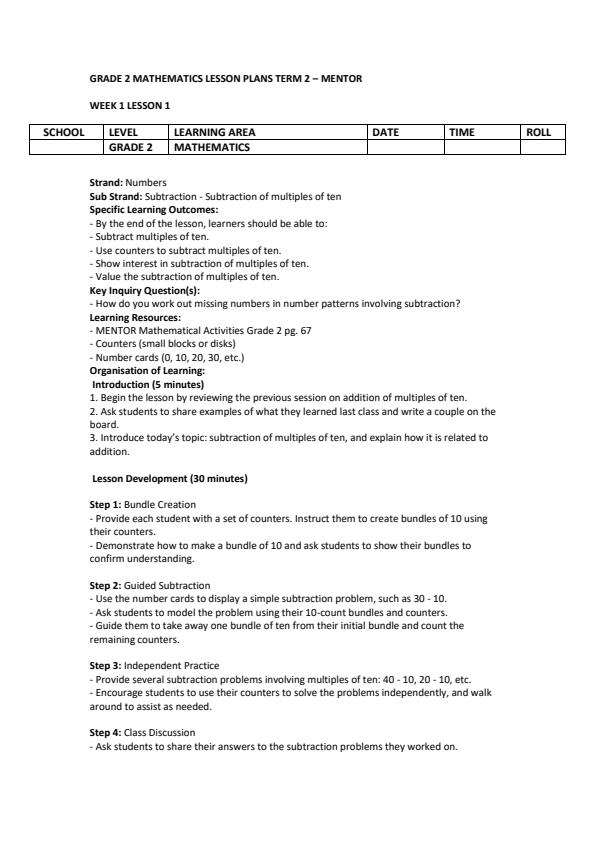 Page 1 – Grade 2 Mathematics Lesson Plans Term 2 - Mentor – Kenyaplex
