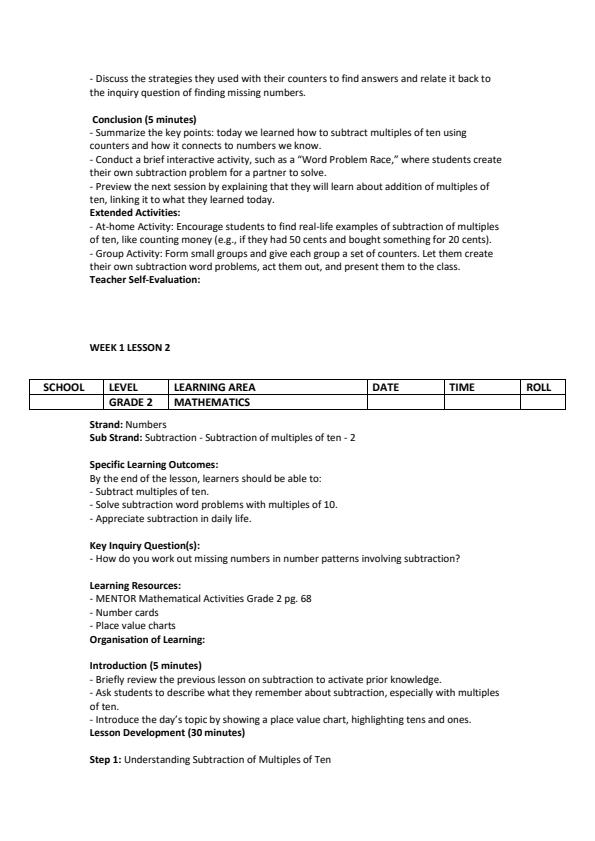 Page 2 – Grade 2 Mathematics Lesson Plans Term 2 - Mentor – Kenyaplex