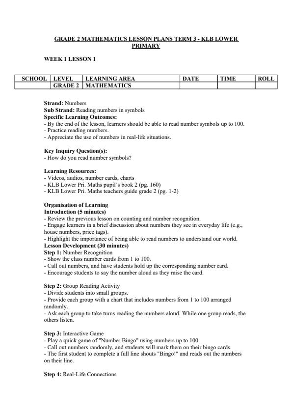 Page 1 – Grade 2 Mathematics Lesson Plans Term 3 - KLB Lower Primary – Kenyaplex