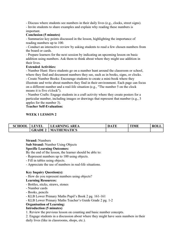 Page 2 – Grade 2 Mathematics Lesson Plans Term 3 - KLB Lower Primary – Kenyaplex