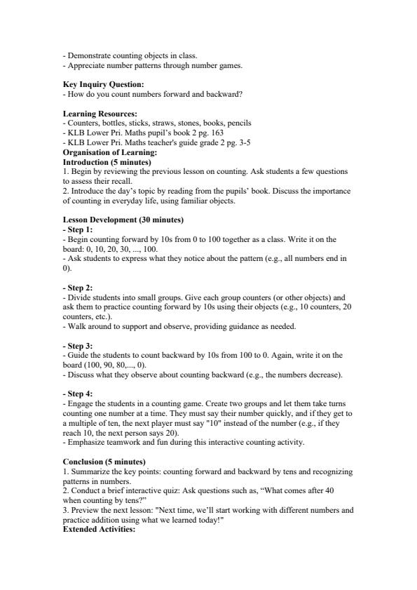 Page 4 – Grade 2 Mathematics Lesson Plans Term 3 - KLB Lower Primary – Kenyaplex