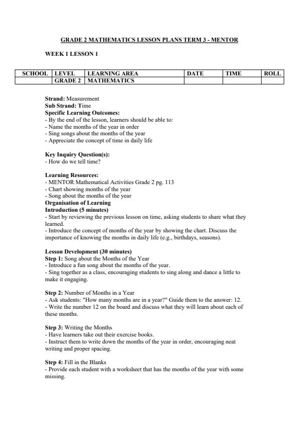 Page 1 – Grade 2 Mathematics Lesson Plans Term 3 - Mentor – Kenyaplex