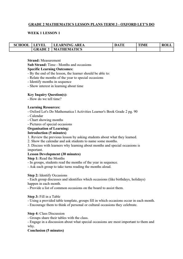 Page 1 – Grade 2 Mathematics Lesson Plans Term 3 - Oxford Let