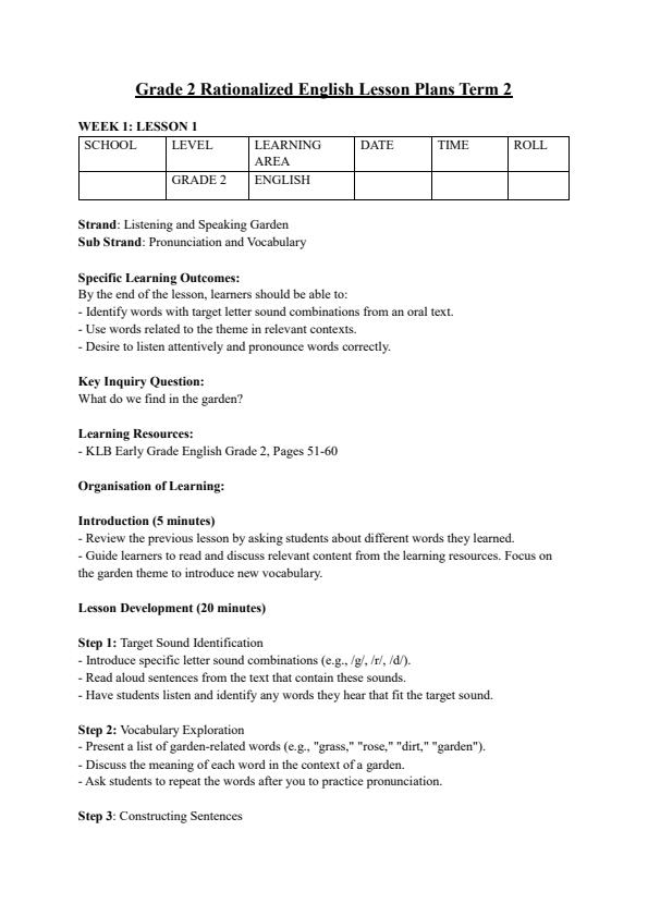Page 1 – Grade 2 Rationalised English Lesson Plans Term 2 - KLB Early Grade – Kenyaplex