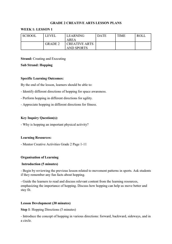 Page 1 – Grade 2 Rationalized Creative Activities Lesson Plans Term 1 - Mentor – Kenyaplex