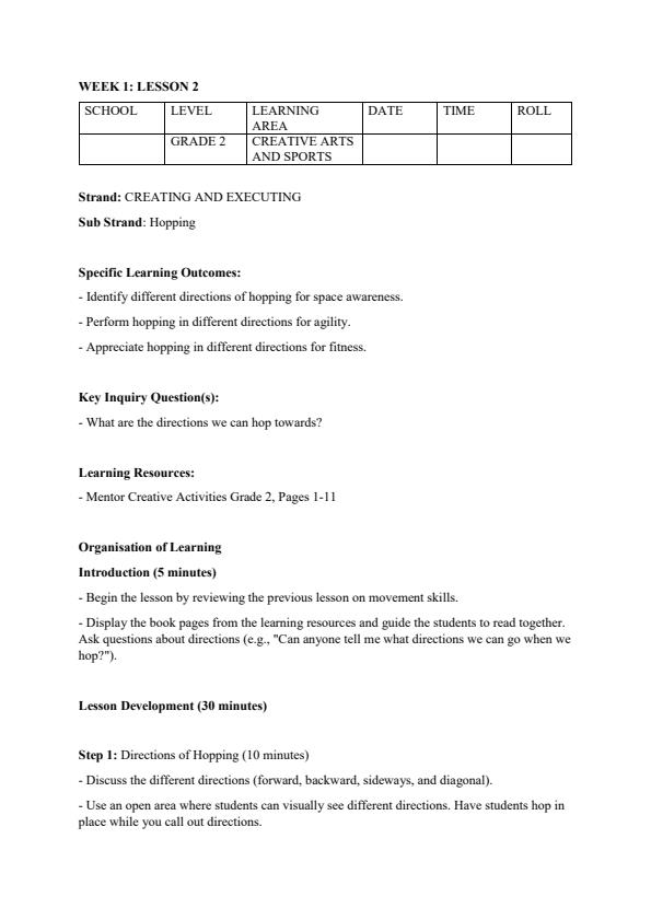 Page 3 – Grade 2 Rationalized Creative Activities Lesson Plans Term 1 - Mentor – Kenyaplex