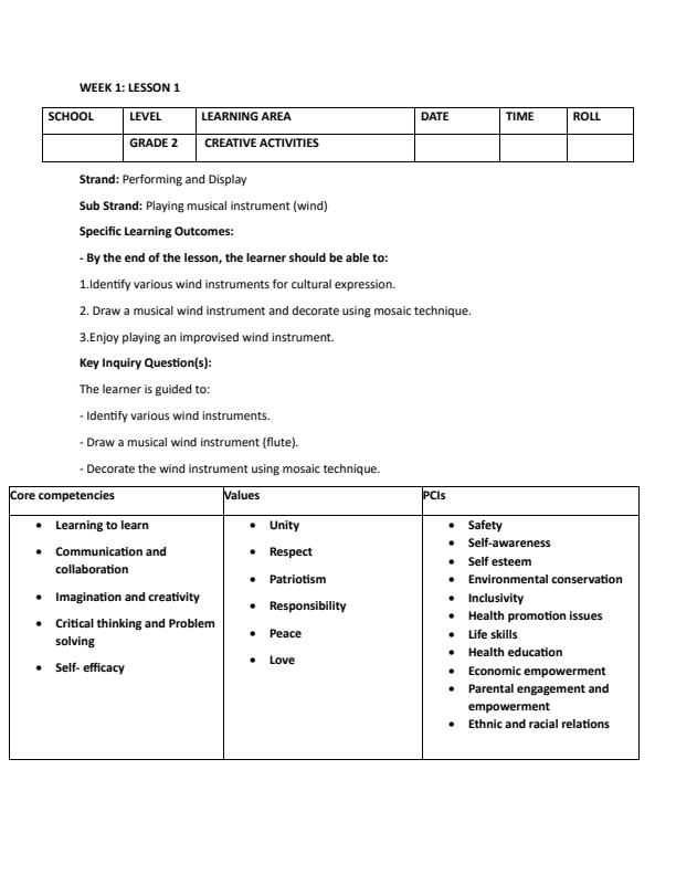 Page 1 – Grade 2 Rationalized Creative Activities Lesson Plans Term 3 – Kenyaplex