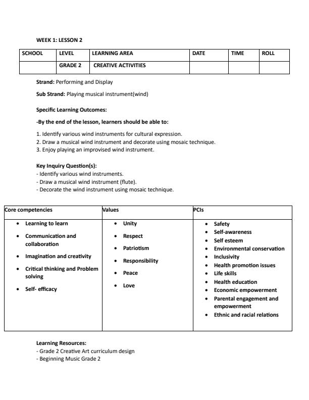 Page 4 – Grade 2 Rationalized Creative Activities Lesson Plans Term 3 – Kenyaplex