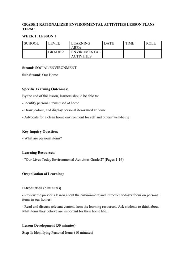 Page 1 – Grade 2 Rationalized Environmental Activities Lesson Plans Term 1 – Kenyaplex