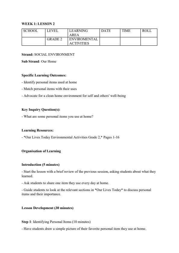 Page 4 – Grade 2 Rationalized Environmental Activities Lesson Plans Term 1 – Kenyaplex