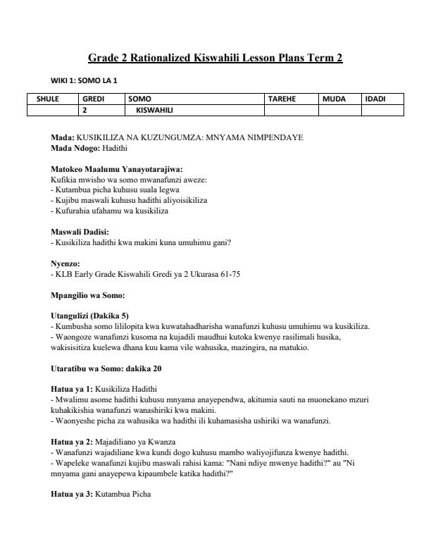 Page 1 – Grade 2 Rationalized Kiswahili Lesson Plans Term 2 - KLB Early Grade – Kenyaplex