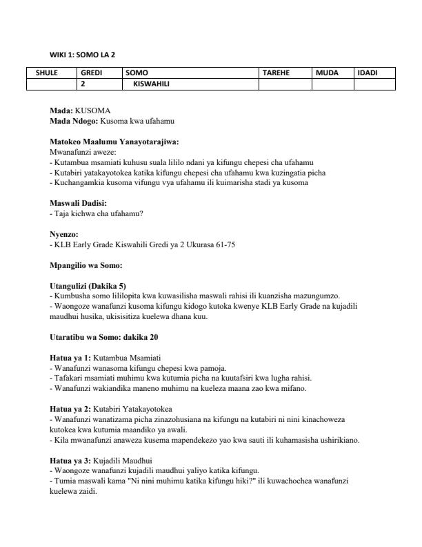 Page 3 – Grade 2 Rationalized Kiswahili Lesson Plans Term 2 - KLB Early Grade – Kenyaplex