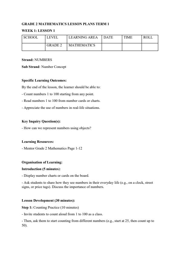 Page 1 – Grade 2 Rationalized Mathematics Lesson Plans Term 1 - Mentor – Kenyaplex