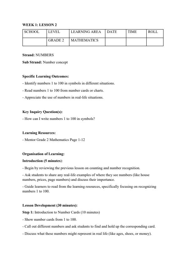Page 3 – Grade 2 Rationalized Mathematics Lesson Plans Term 1 - Mentor – Kenyaplex