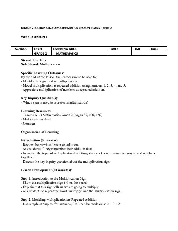Page 1 – Grade 2 Rationalized Mathematics Lesson Plans Term 2 - Tusome – Kenyaplex
