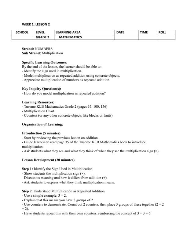 Page 3 – Grade 2 Rationalized Mathematics Lesson Plans Term 2 - Tusome – Kenyaplex