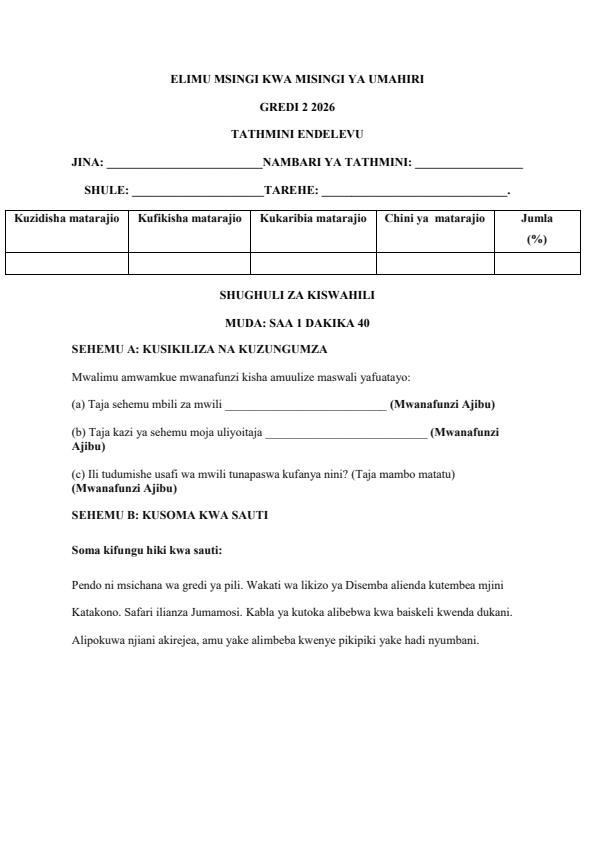 Page 1 – Grade 2 Shughuli za Kiswahili April 2026 Holiday Assignment – Kenyaplex