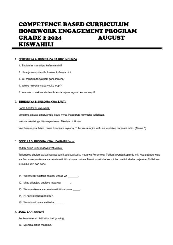 Page 1 – Grade 2 Shughuli za Kiswahili August 2024 Holiday Assignment – Kenyaplex
