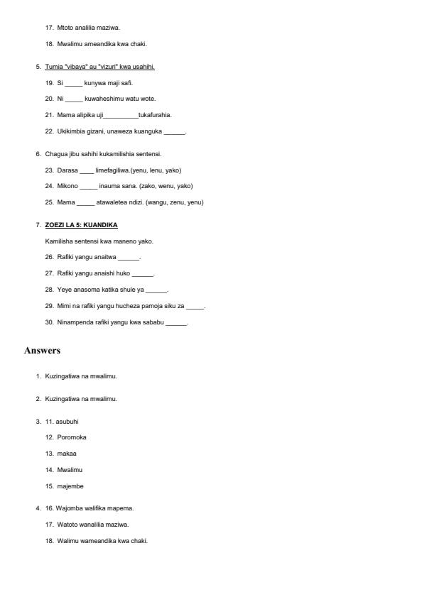 Page 2 – Grade 2 Shughuli za Kiswahili August 2024 Holiday Assignment – Kenyaplex