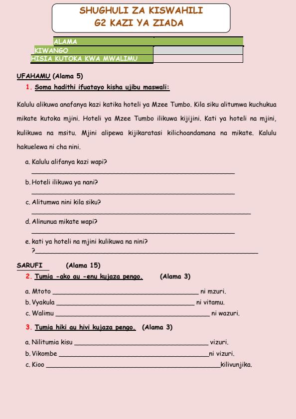 Page 1 – Grade 2 Shughuli za Kiswahili December 2024 Holiday Assignment – Kenyaplex