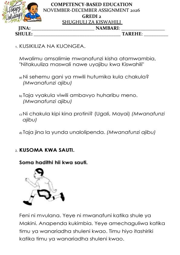 Page 1 – Grade 2 Shughuli za Kiswahili December 2026 Holiday Assignment  – Kenyaplex