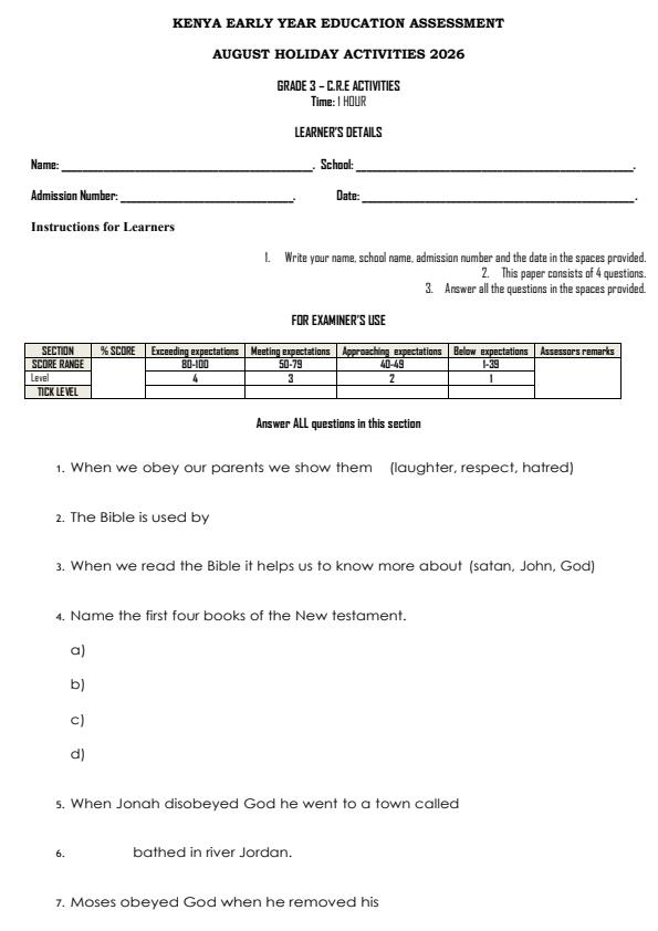 Page 2 – Grade 3 August 2026 Holiday Assignment - Full Set – Kenyaplex