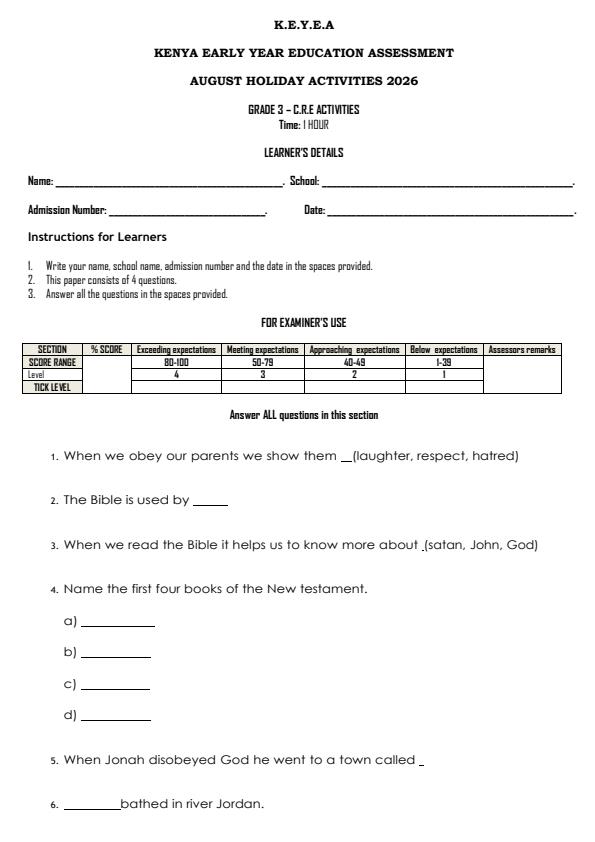 Page 1 – Grade 3 CRE Activities August 2026 Holiday Assignment – Kenyaplex