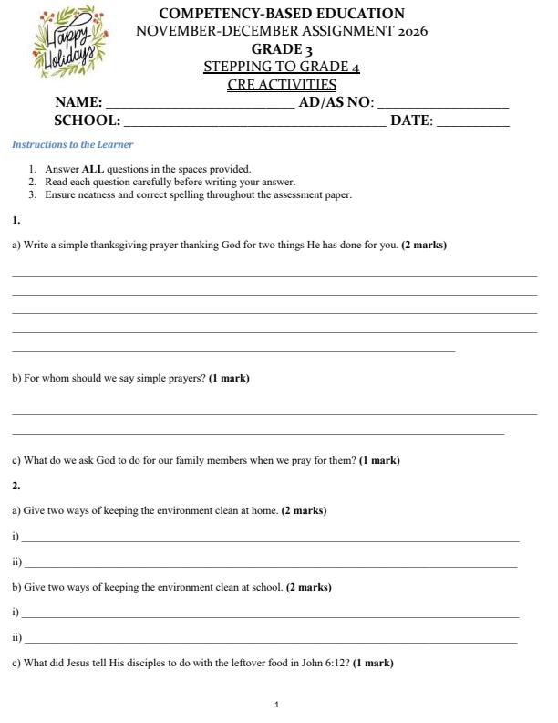 Page 1 – Grade 3 CRE December 2026 Holiday Assignment – Kenyaplex