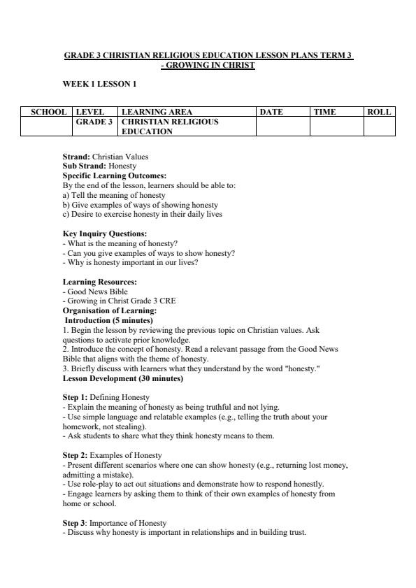 Page 1 – Grade 3 CRE Lesson Plans Term 3 - Growing in Christ – Kenyaplex