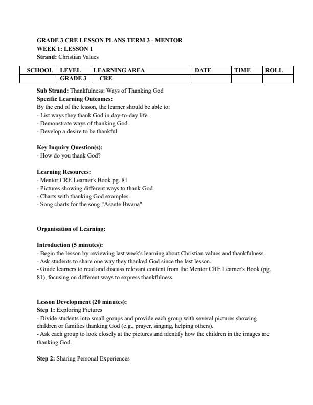 Page 1 – Grade 3 CRE Lesson Plans Term 3 - Mentor – Kenyaplex