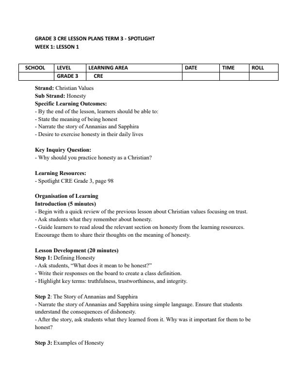 Page 1 – Grade 3 CRE Lesson Plans Term 3 - Spotlight – Kenyaplex