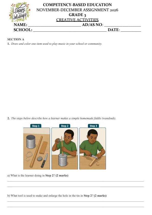Page 1 – Grade 3 Creative Activities December 2026 Holiday Assignment – Kenyaplex